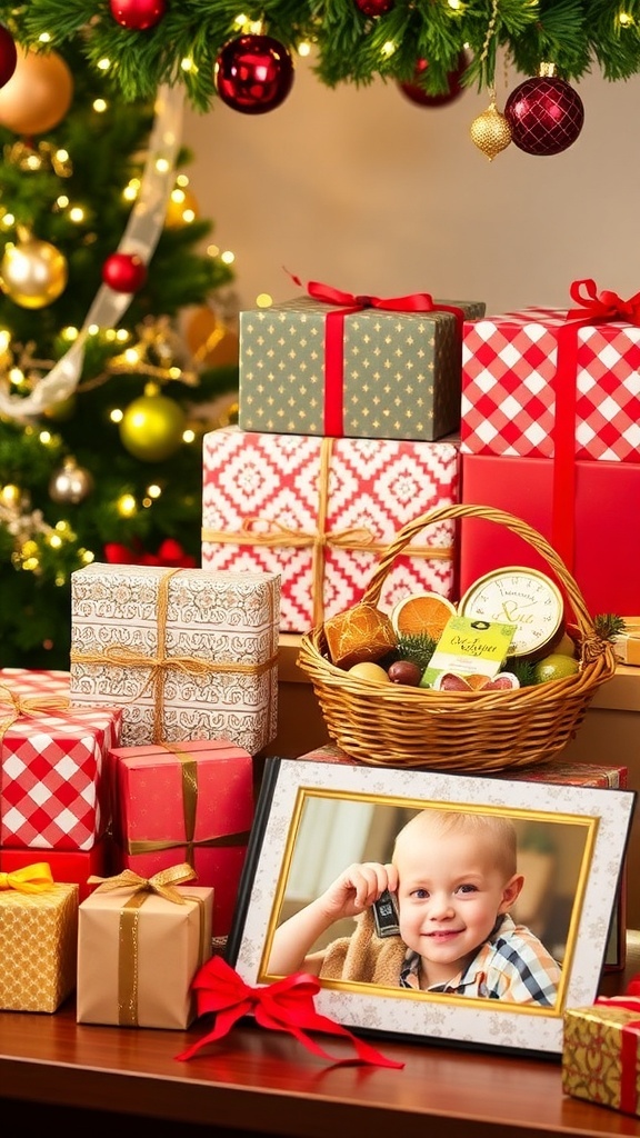 A collection of Christmas gifts including wrapped presents, a food basket, and a photo album, set in a festive environment.